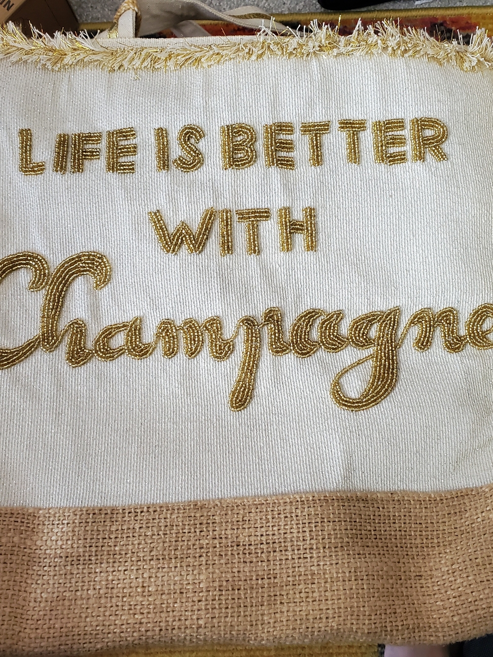 America & Beyond Champagne Beaded Tote Bag Gold Ivory Statement Bag